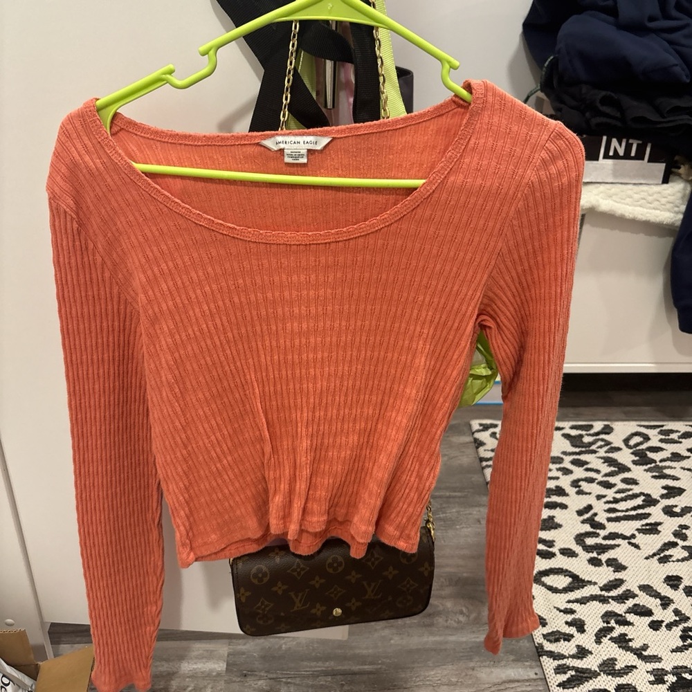 American Eagle Orange Ribbed Long Sleeve Top
